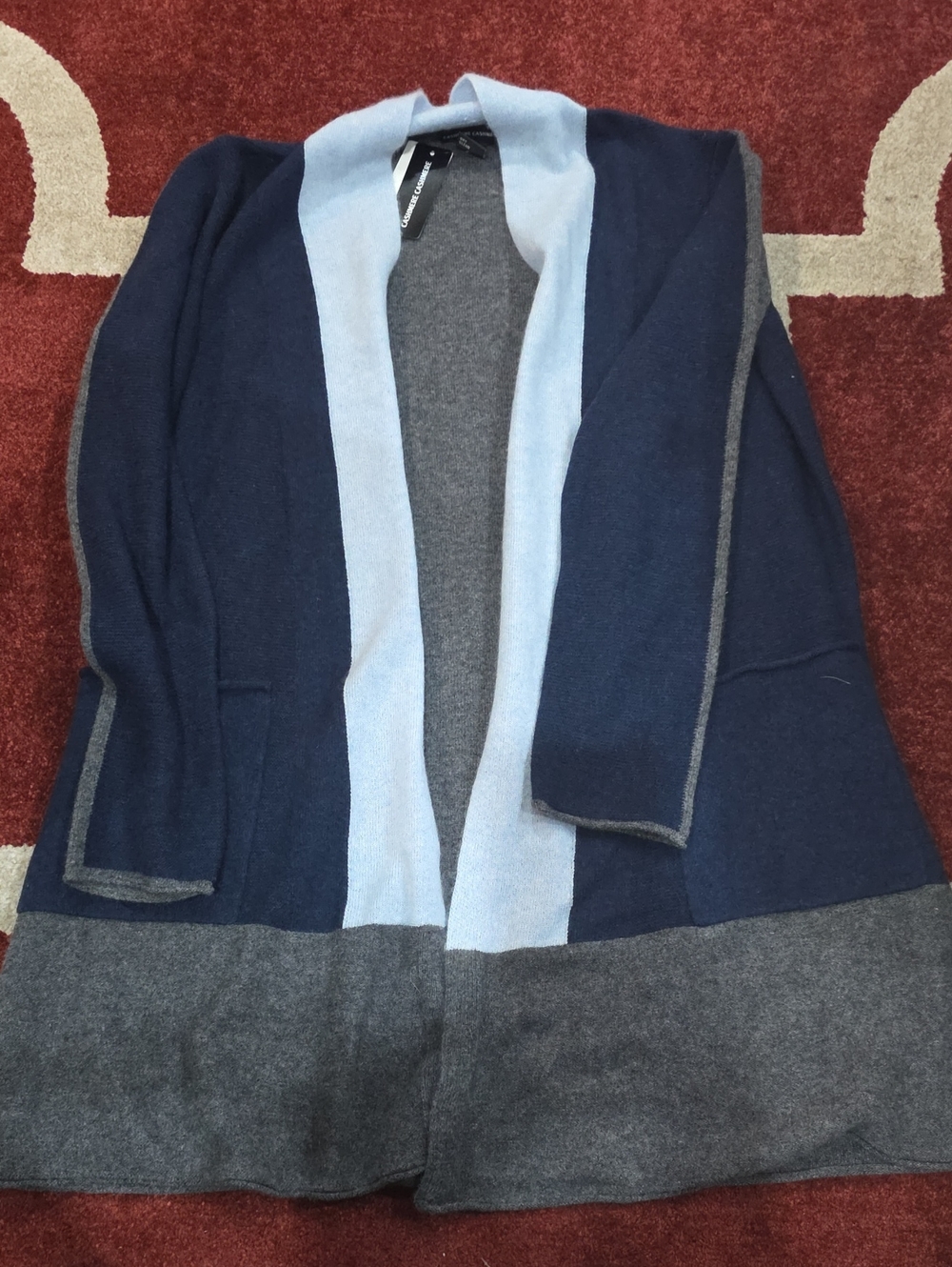 Cashmere Open-Front Colorblock Women's Cardigan Sweater - Navy/Light Blue/Gray